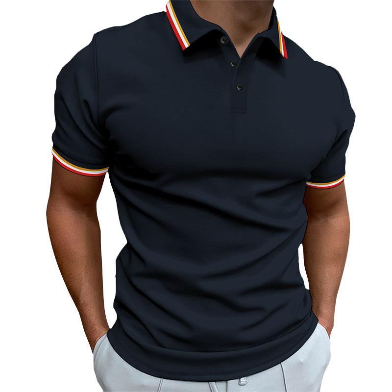 New Men's Slim POLO Shirt Ribbed Striped Lapel Buttons Solid Colour Splicing T-shirt Tops