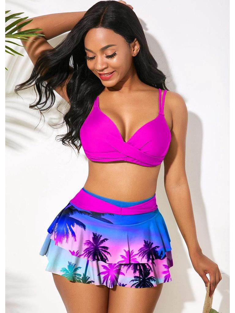 European & American High-Waisted Ruffle Print Bikini in Blue/Red