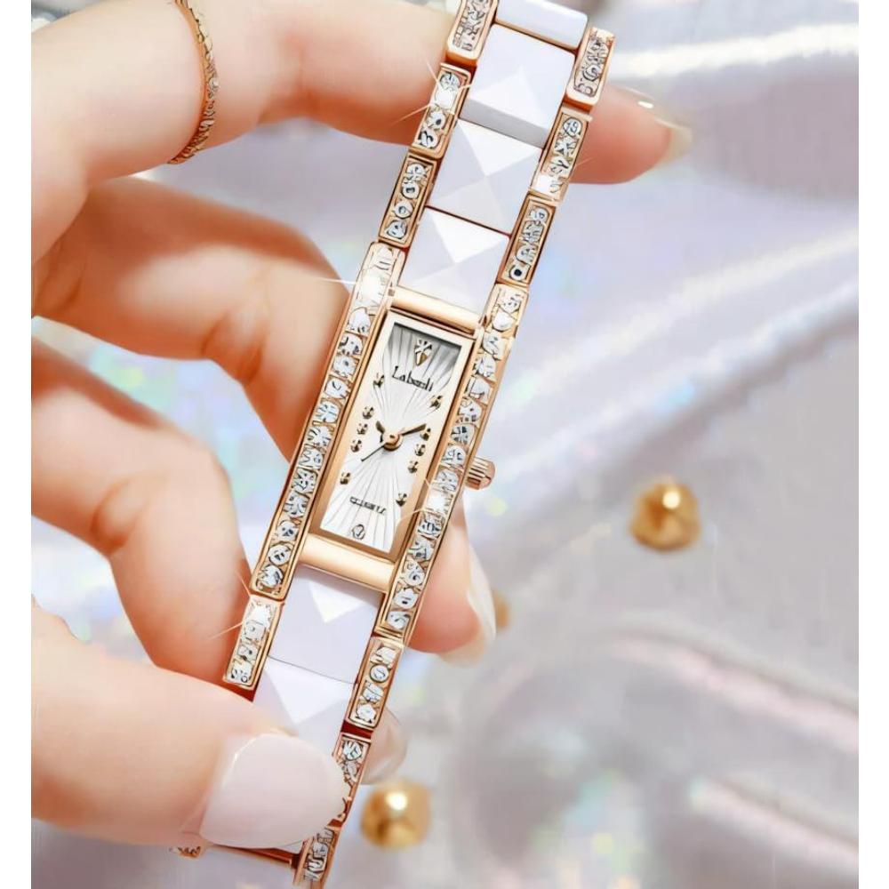 Women's Rectangular Quartz Watch Fashion Crystal Inlay Ceramic & Alloy Band Waterproof Elegant Dress Wristwatch for Ladies