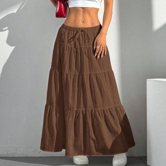 Women Long Skirt Spring Summer Middle Waist A Line Flowy Swing Skirt Breathable Solid Color Elastic Waist Drawstring Pleated Casual Skirt