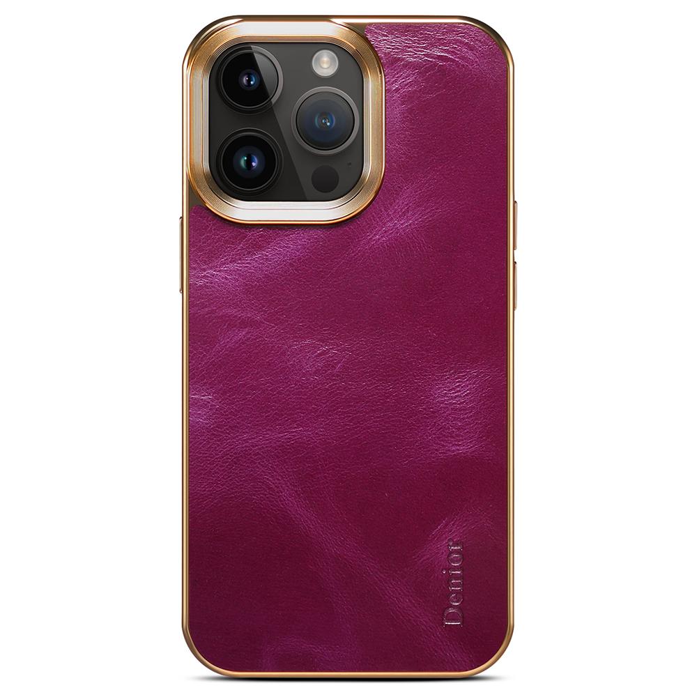 DENIOR For iPhone 16 Pro Case Waxy Texture Genuine Cow Leather Electroplating Back Cover