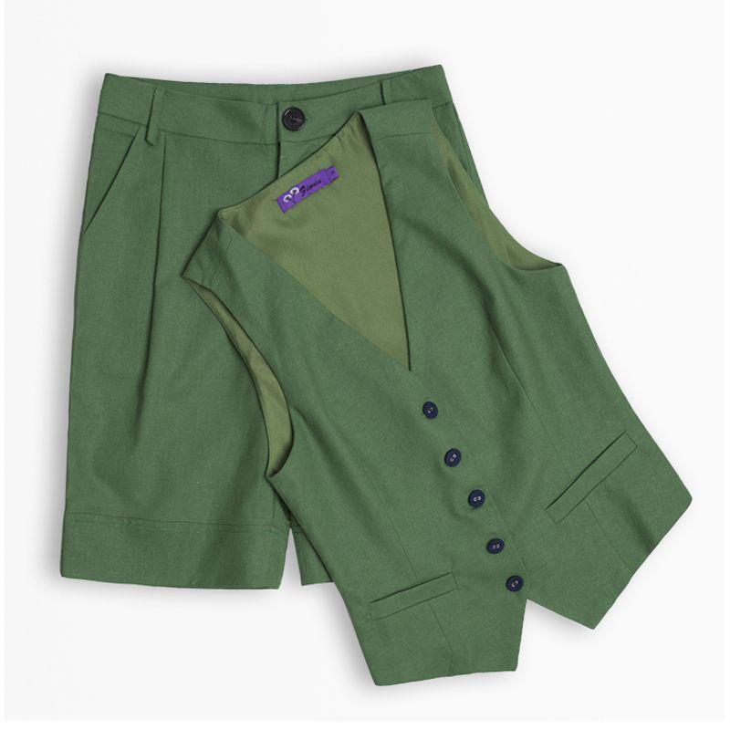 

Европейская станция Весенние и летние бермуды Хлопковый и льняной жилет Green [Suit]] S