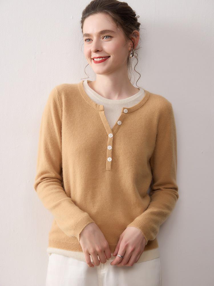 Autumn/Winter Women’s Color Block Cashmere Knit Layered Round Neck Pullover Sweater