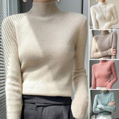 Women Bottoming Tops Half High Collar Long Sleeve Slim Fit Knitting Tops Ribbed Trim Solid Color Sweater Daily Wear
