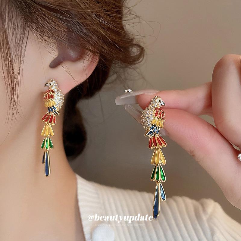 Real Gold Electroplated Silver Needle Colored Zircon Long Parrot Earrings Medieval Court Style Earrings Literary and Artistic Fan French Earrings