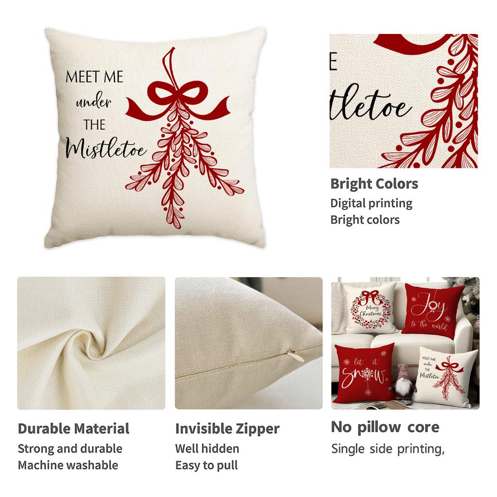 1/4Pcs Red Christmas Pillowcase, Bow Christmas Wreath, Christmas Plant Design Cushion Cover, Farmhouse Christmas Decoration