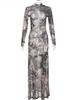 Mesh Print Women Maxi Dress Turtleneck Full Sleeve Bodycon Autumn Trendy Hipsters High Street Party Y2K Attirewear