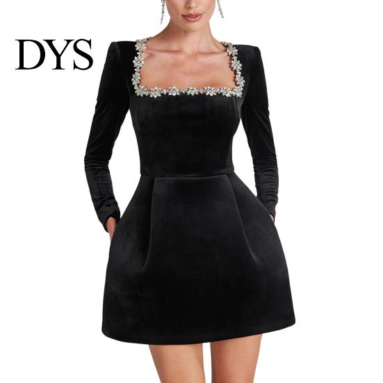 Long Sleeve Mini Dress Women Square Collar Beaded Flower Decor Formal Short High Waist Above Knee Length