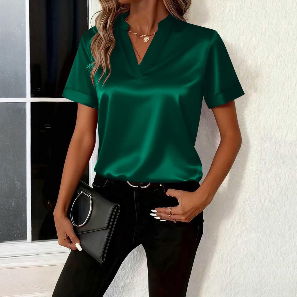 Women Stain Tops Short Sleeve Blouse V Neck Shirts Business Casual Outfits