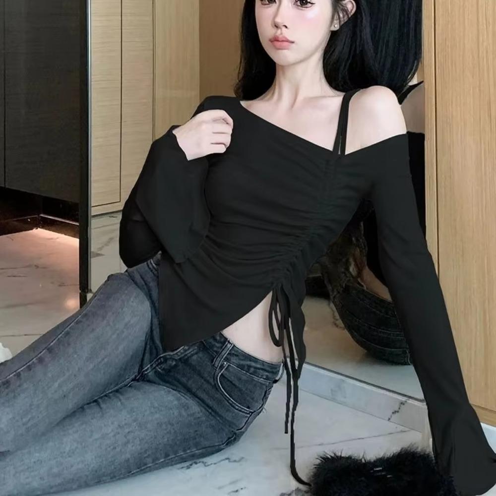 VAYLA Spring Autumn Flare Sleeve T Shirts Women Solid Bodycone Basic Long Sleeve Crop Tops Casual Shirring Off-shoulder Tees