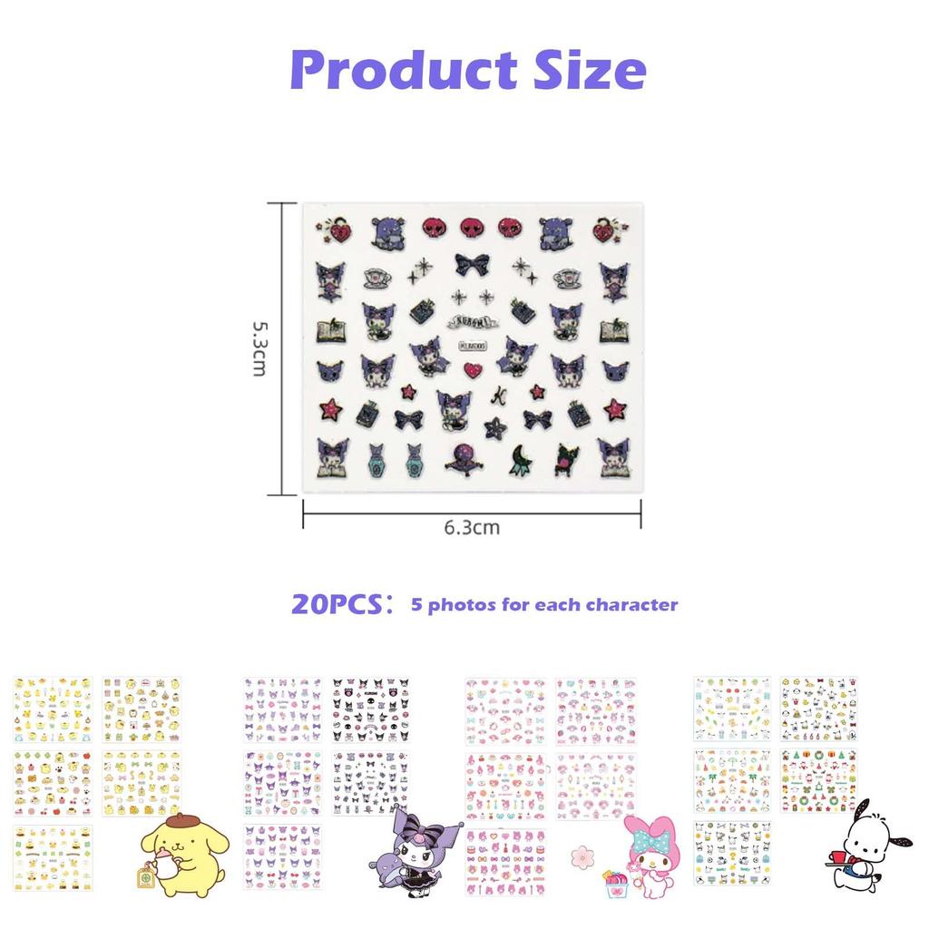 Nail Stickers for Kids, 20 Sheets Cute Cartoon Nail Art Stickers, DIY Fun Nails Decals for Girls 3-10 Years Old, Self-Adhesive 3D Stickers for Part
