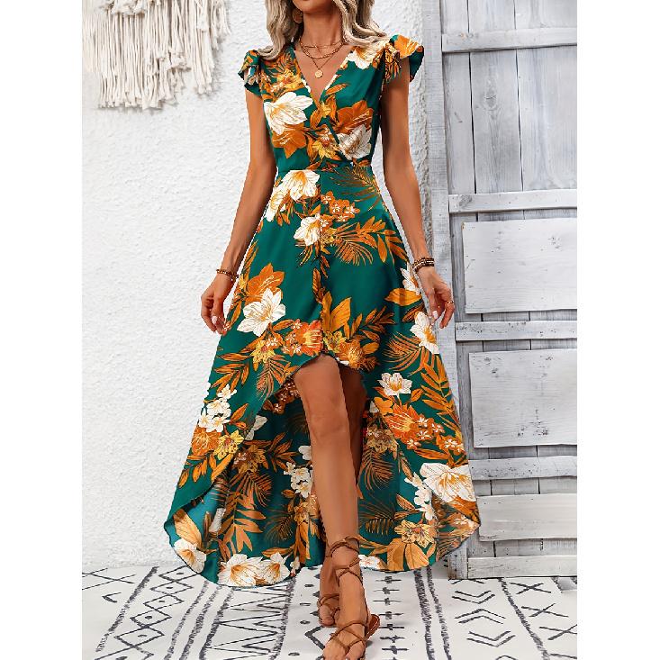 Women's Fashion 2025 Summer Vacation Style European and American Floral Split Mid-Length Dress
