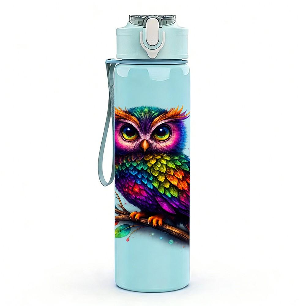 1PC Colorful Owl Bird Art Portrait Print 750ml Color Plastic Sports Water Bottle Leakproof Flip Straw Lid Suitable for Sports Office Home Use