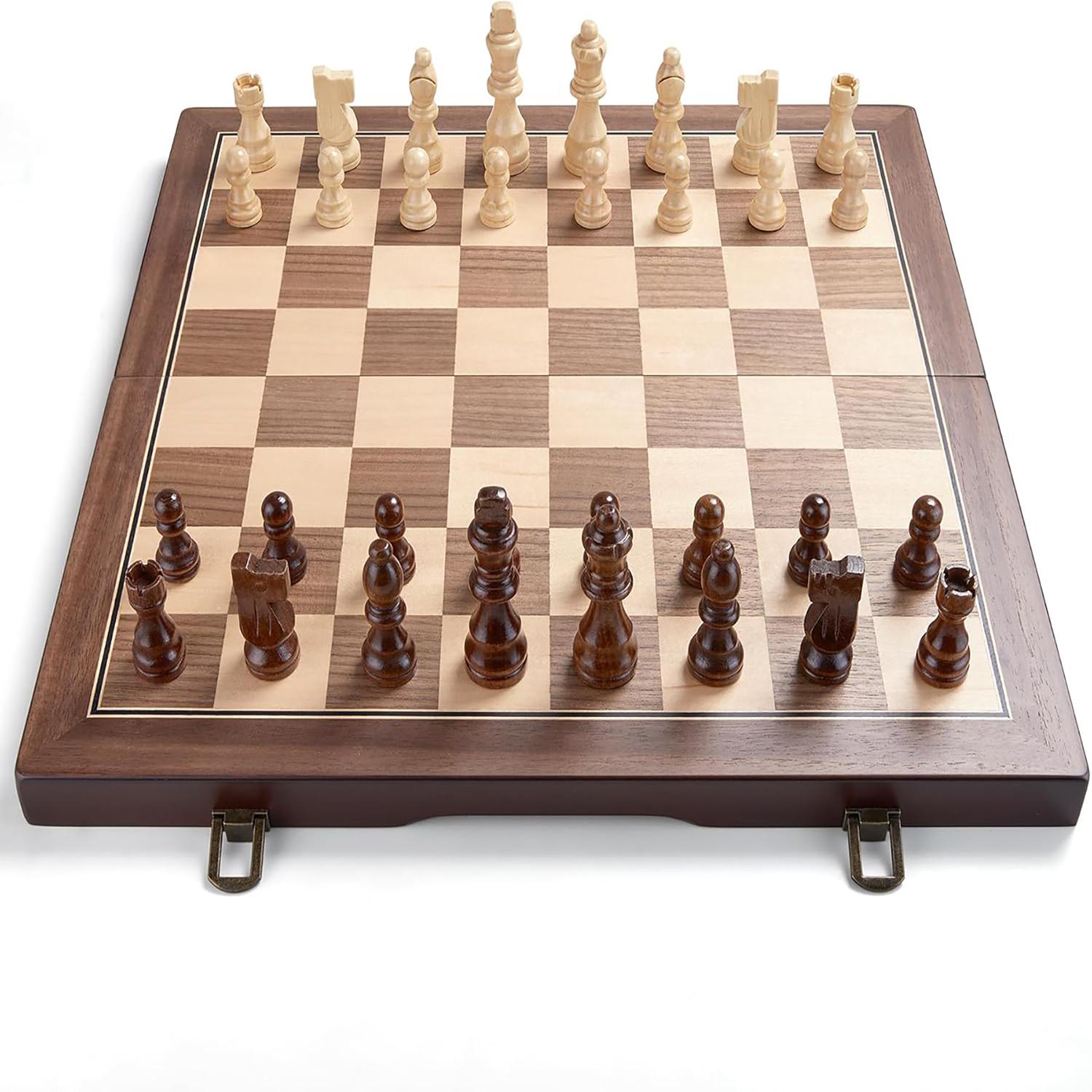 

Деревянный шахматный набор 39 см/15 – Складная доска, Фигуры ручной работы, Слоты для хранения, Подарочная коробка, Для взрослых, Начинающих и Турниров