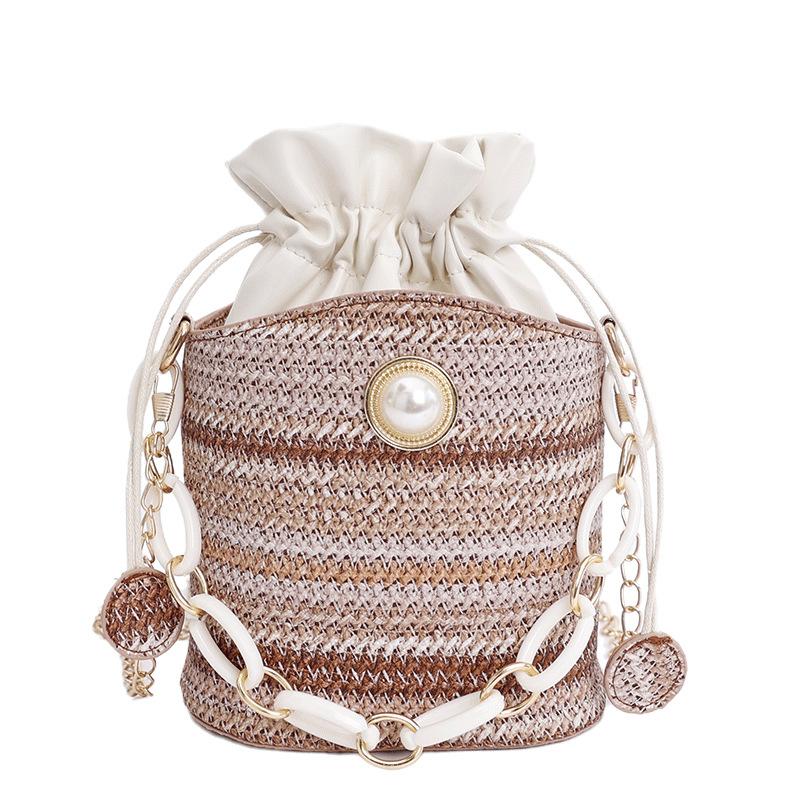 New pearl cute bucket bag diagonal span pearl straw bag cotton woven beach bag mini drawstring bag