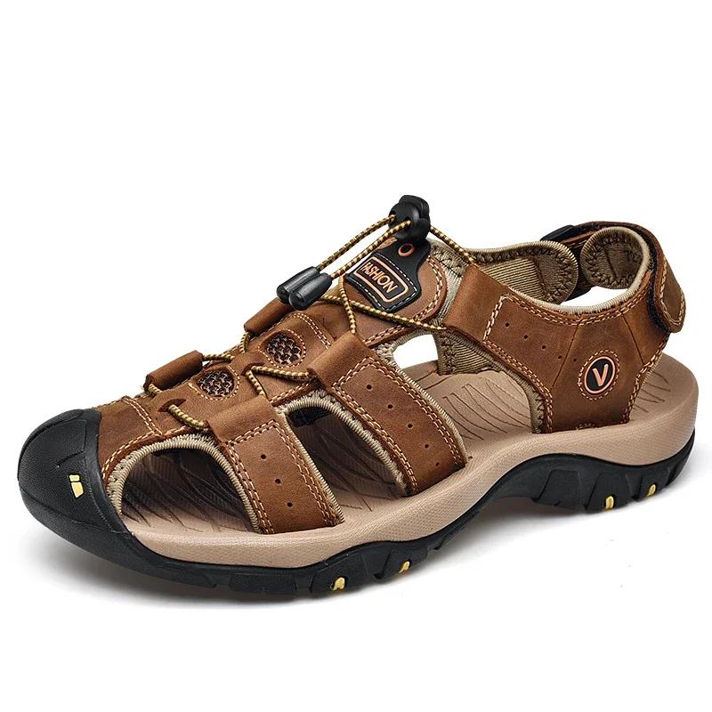 Summer Large Size Men's Sandals Cow Leather Beach Shoes Non-Slip Soft Sole Outdoor Cross-Border Plus Size Sandals for Adults