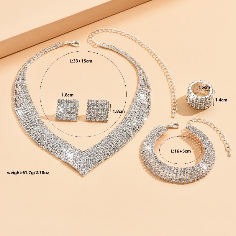 Middle East Popular Atmospheric Rhinestone Silver Plated Bridal Jewelry Necklace Bracelet Elastic Ring Set Dress