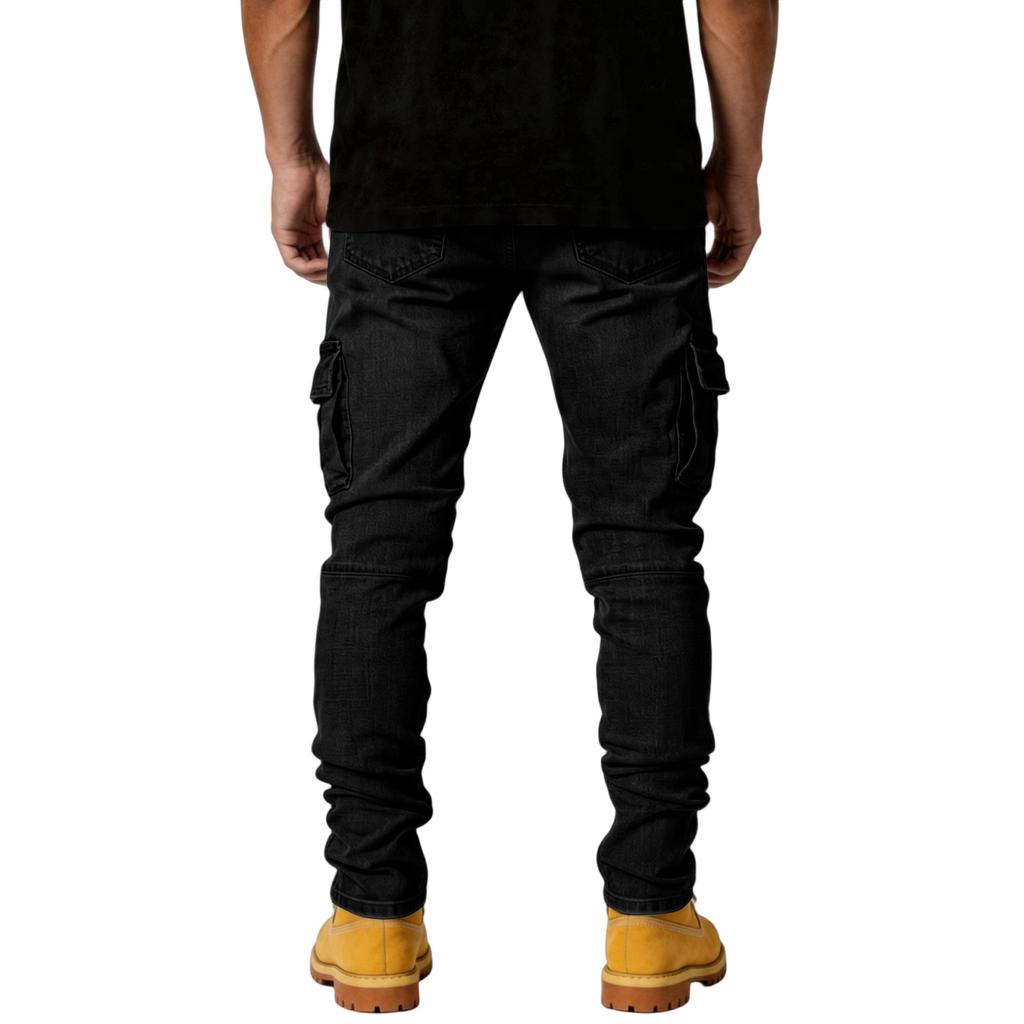 Męskie Jeansy Cargo Slim Fit z Wieloma Kieszeniami Elastyczne Spodnie Jeansowe Codzienny Design Utility Zwężana Nogawka