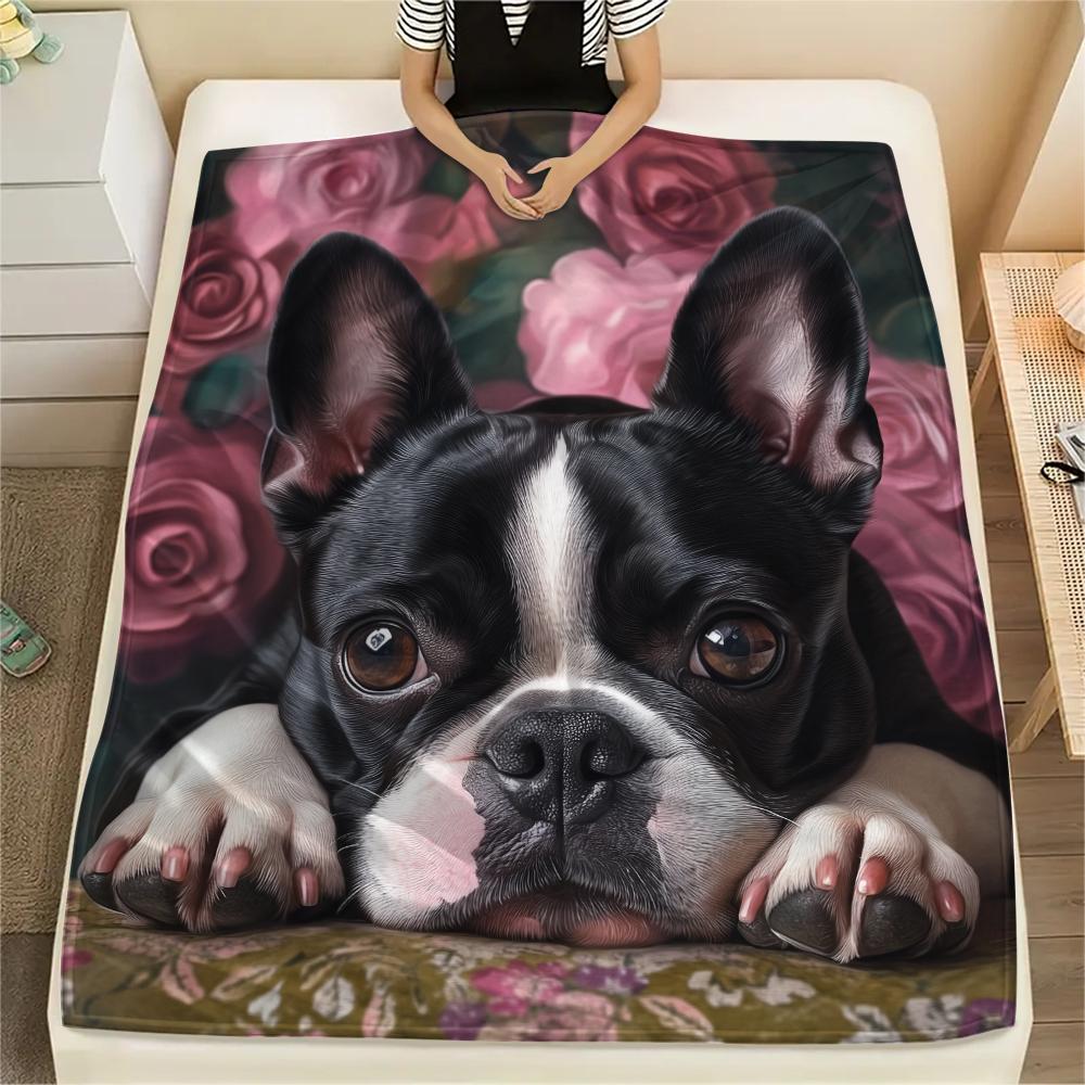 Boston Terrier and Roses Pattern Flannel Blanket, High Quality Comfortable for All Seasons, Home Decor, Warmth and Comfort, Perfect for Gifts.