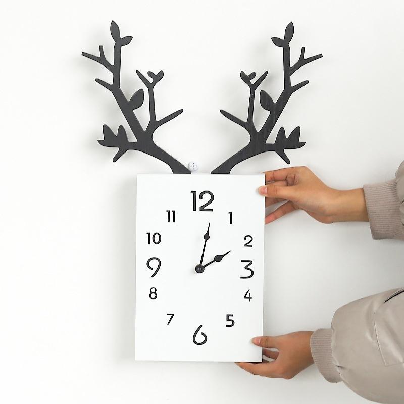 Nordic Minimalist Creative Antlers Wooden Clocks Home Living Room Room Wall Decoration Square Wall C
