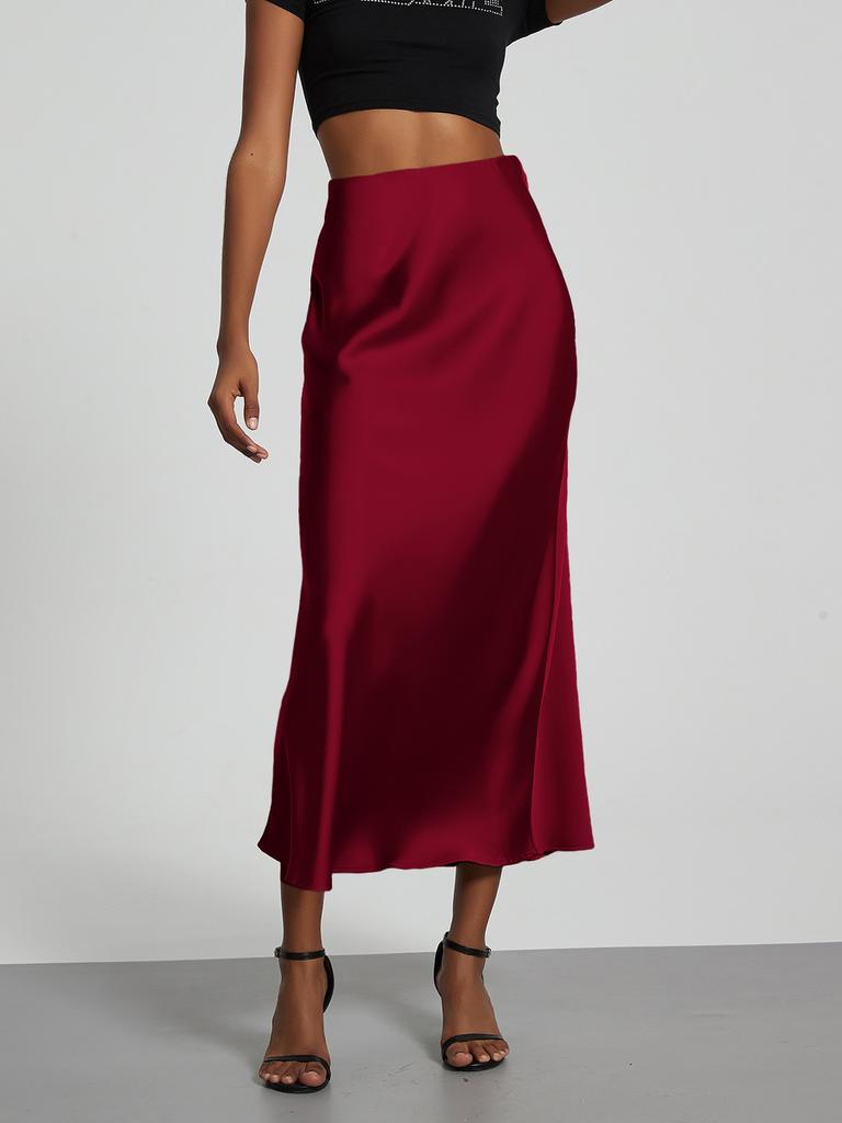 Women's Clothing Elegant Satin Midi Skirt Slim Fit High-Waisted Dress