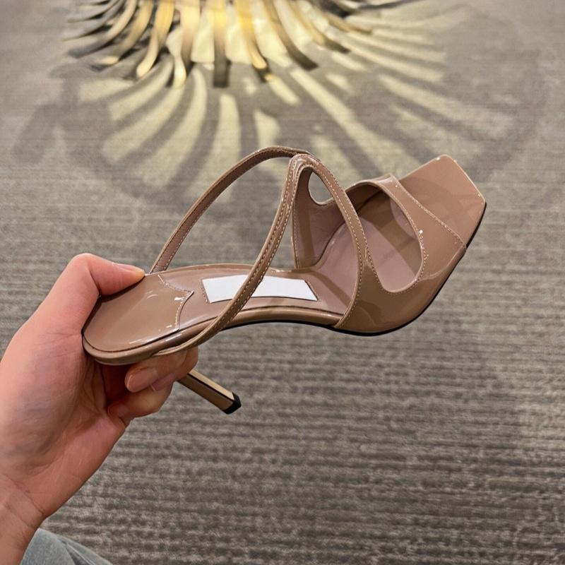 Fashion Slippers Women'S 2025 Summer New Style Patent Leather Thin-Heeled Hollowed-Out Fairy Style One-Shoulder High-Heeled Sandals