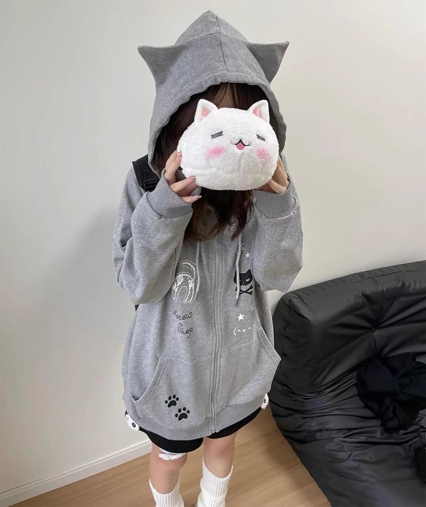 Hoodie with Cat Ear Long Sleeve Loose Harajuku Schoolgirl Mori Korean Plus Sizes Subculture Winter Women's Zip-Up Print, Pullover, Fit, Style, Style,