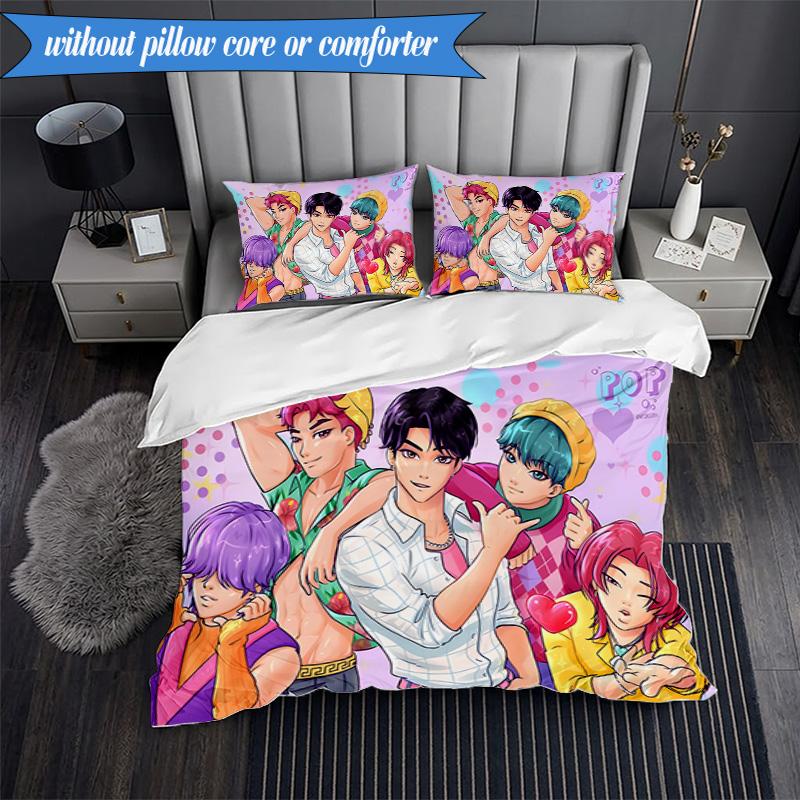 Colorful Kpop Cartoon 3pcs K-pop Music Group Bedding set,Ideal for Bedroom, Dormitory,Including Duvet Cover And 2pcs Pillowcases,Fan Gifts