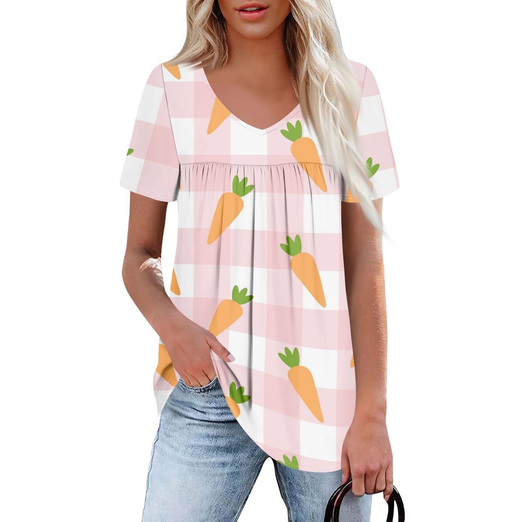 Ladies' Casual V-neck Short Sleeved Shirt With Pleated Easter Print On The Chest