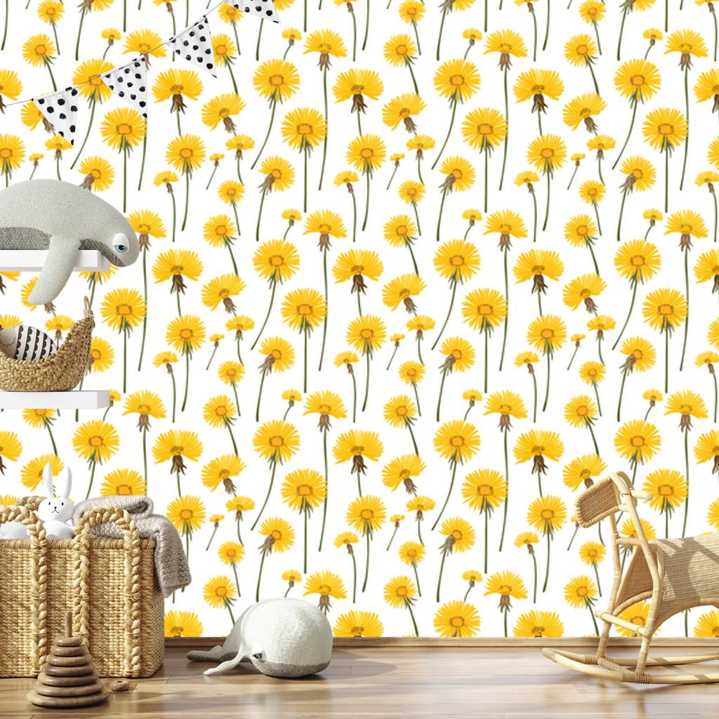 Dandelion Wallpaper White and Yellow for Living Room and Bedroom 50x1000