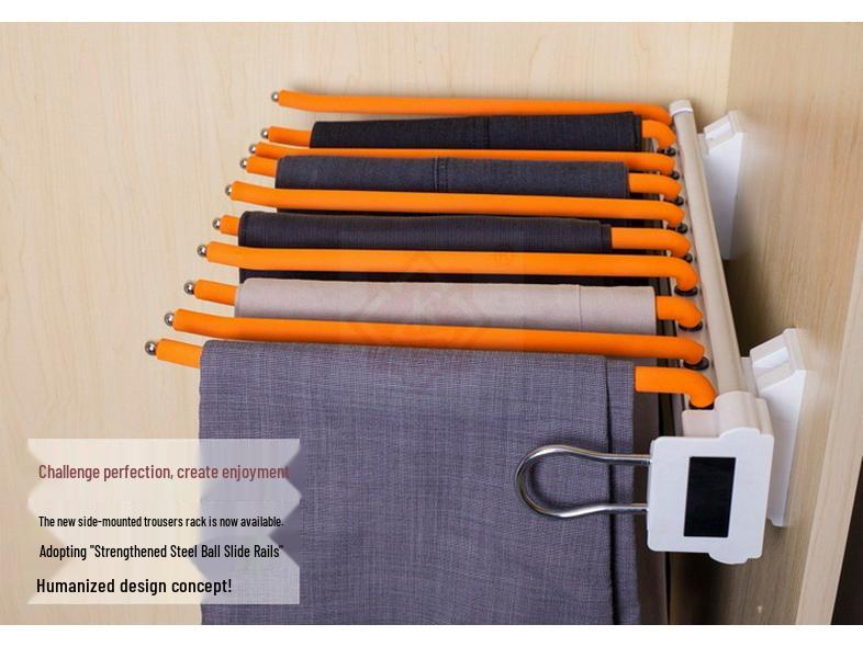 Side-Mounted Pull-Out Telescopic Trouser Rack with 10 Rods for Walk-In Closets