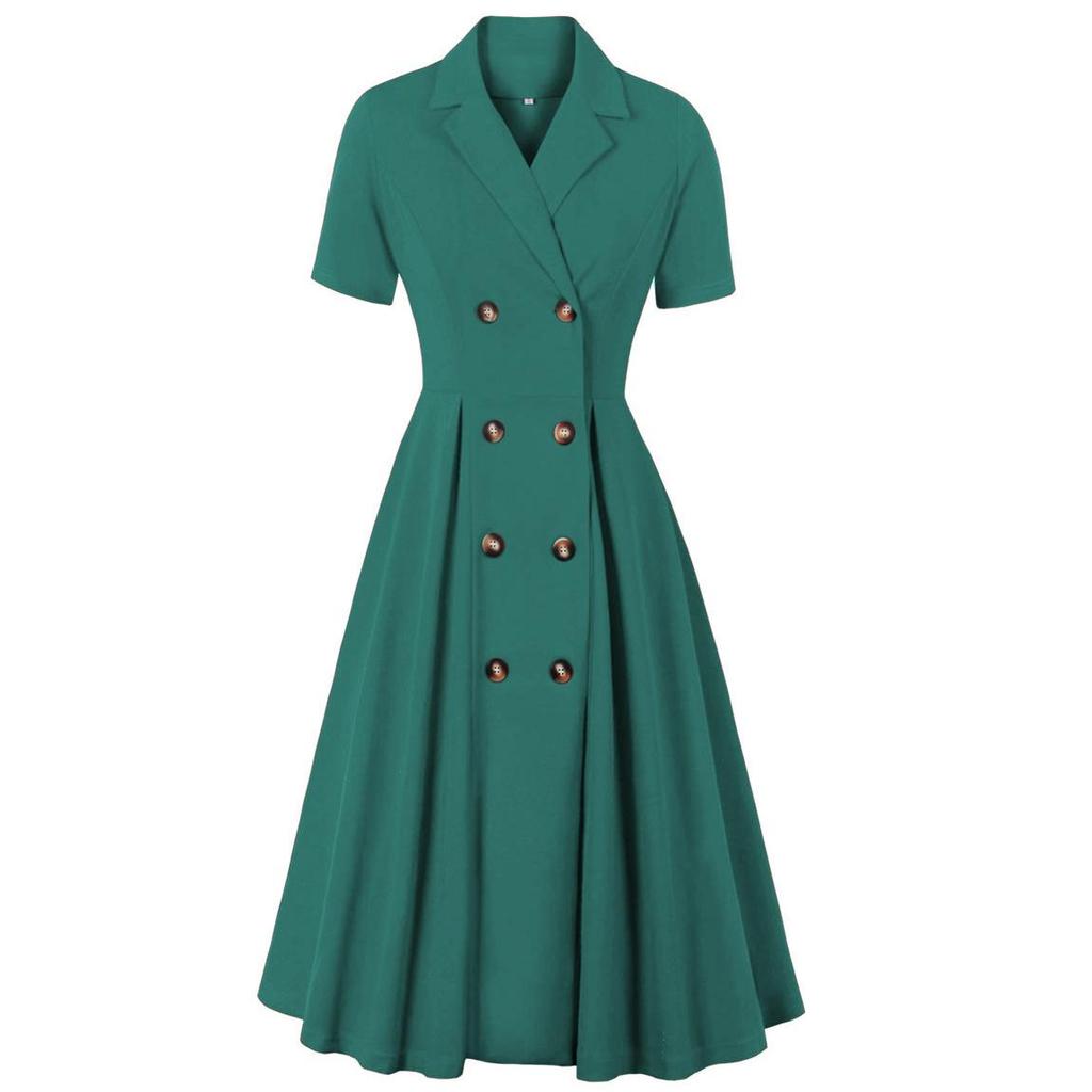 50S Swing Dresses Lapel Collar Short Sleeves Row of Buttons Work Business Office Lady Midi Dress Women's Casual Outfit