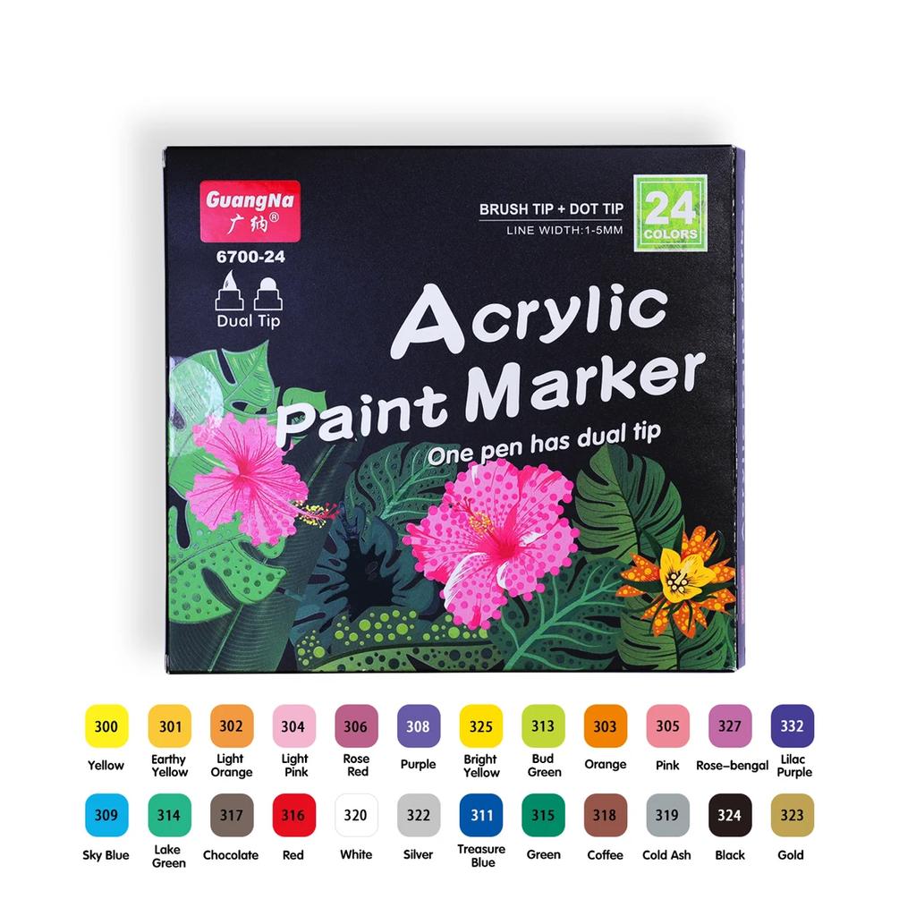 24 Colors Dot Acrylic Paint Markers Collection Dual Tip Brush Paint Pens for Rock Painting Canvas Plastic Metal Wood Stone Art Supplies