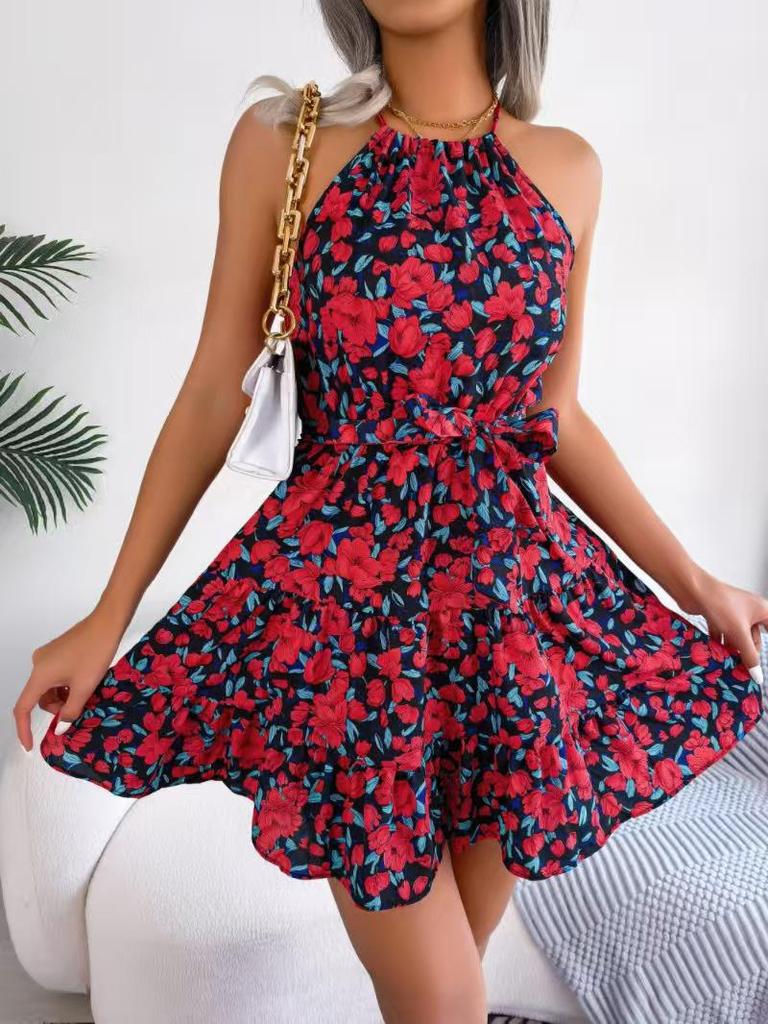 2025 Spring/Summer Floral Ruffle Lace-up Beach Dress for Women