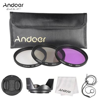 Kit de filtre UV, CPL, FLD de 49 mm + capac/parasol pentru DSLR Nikon Canon Pentax