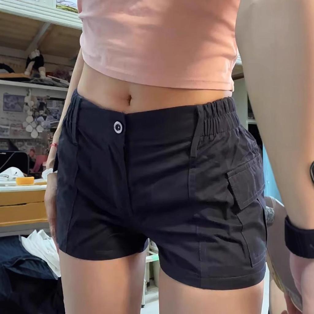 Women's Navy Blue Elastic Waist Cargo Shorts - Summer Fitness Hot Pants