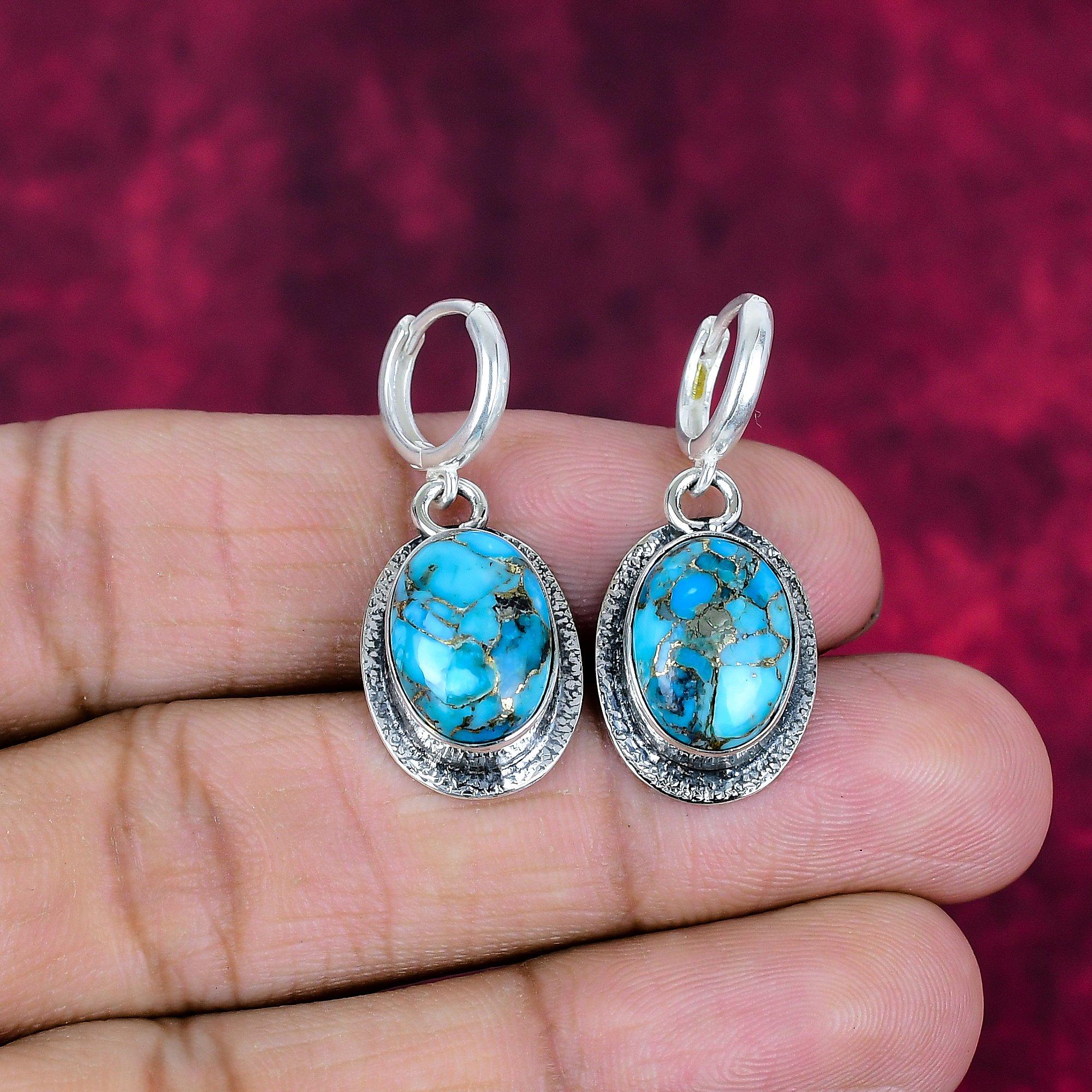 

Серьги ручной работы из голубого медно-бирюзового драгоценного камня, серьги из цельного серебра 925 пробы, старинные ювелирные изделия, для подарка на помолвку 1.38 Inches синий