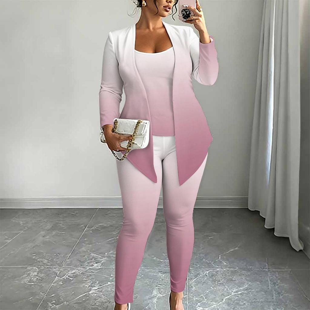 Plus Size Flower Print 3 Piece Outfit, Long Sleeve Open Front Cardigan Cami Top Leggings Set for Women