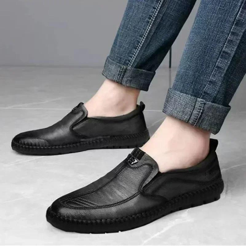 Fashion Men's Leather Shoes New Summer Outdoor Slip On Casual Shoes Breathable Non Slip Flats Men Driving Walking Shoes Zapatos De Cuero