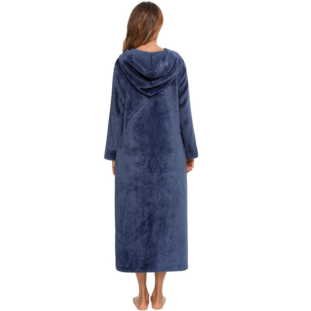 Bata de felpa con cremallera para mujer con capucha térmica larga bata de noche invierno comodidad cremallera reclinable pijama bata de casa ropa casual bata de noche