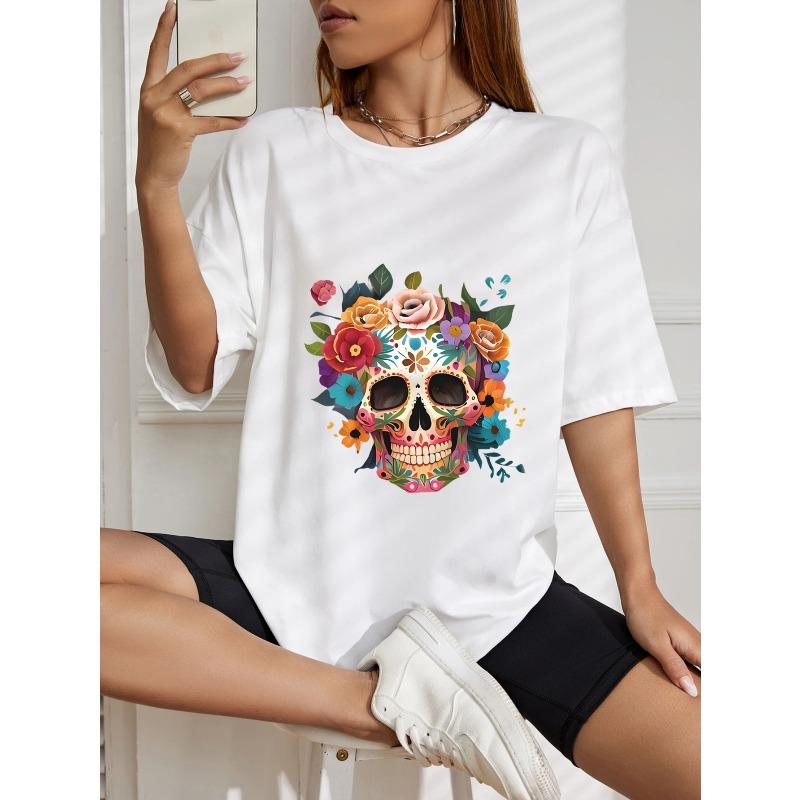White Oversized T Shirt With Colorful Sugar Skull And Flowers Print For Casual Wear