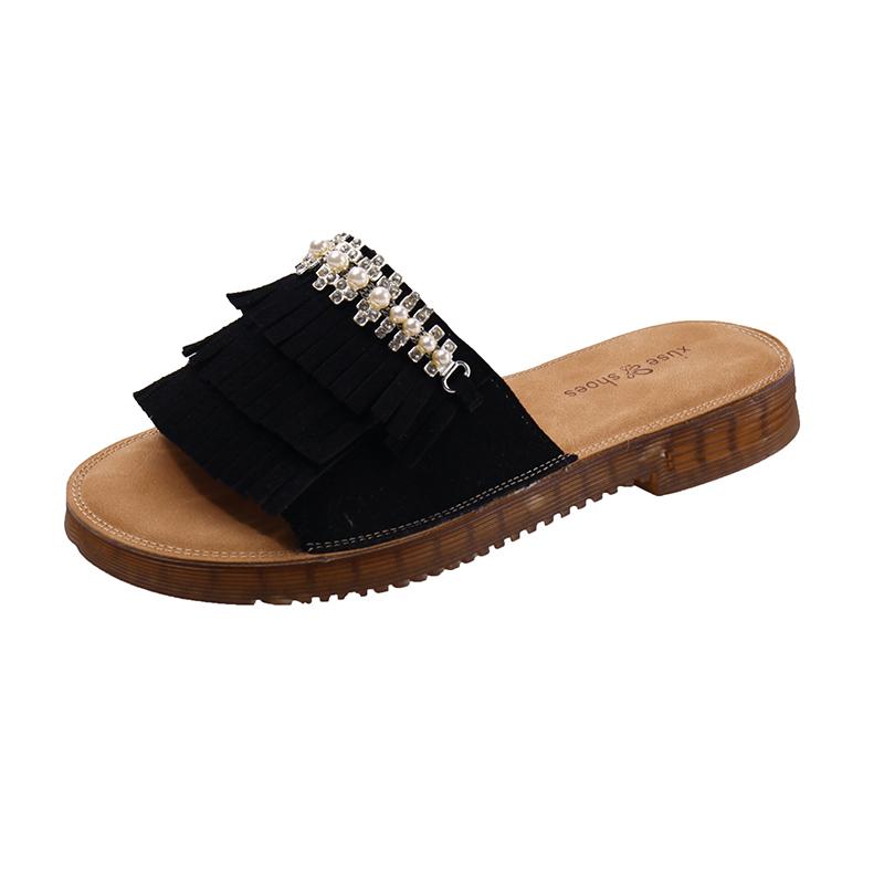 Fashion Pearl Retro Fashion Tassel Flip Slippers Women Summer Outside Wear Casual Flat Comfortable Slip-on Slippers