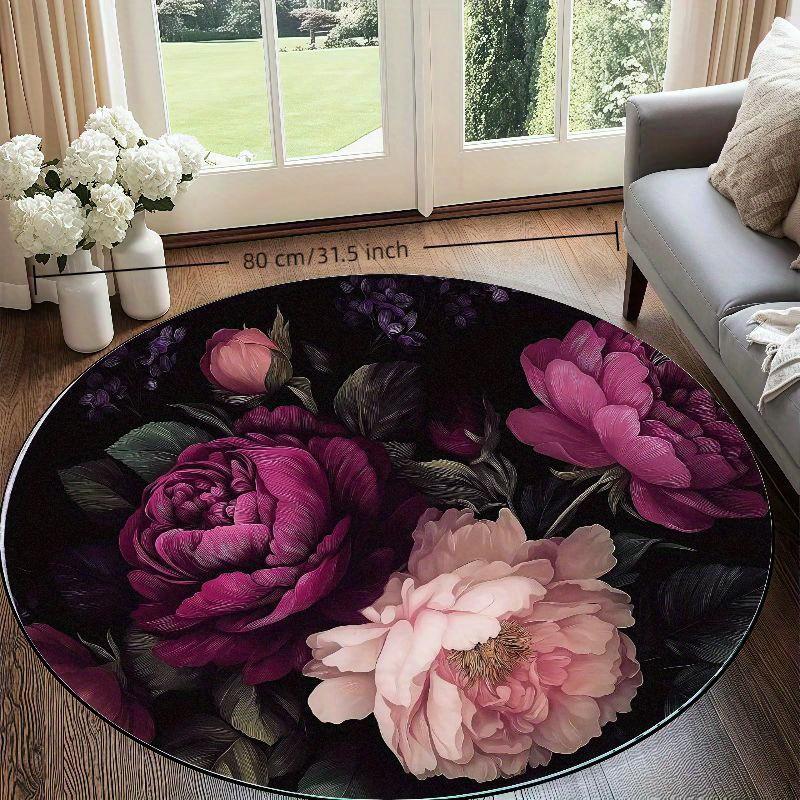 Luxury Dark Peony Flowers Round Rug Elegant Floral Design Soft Flannel Living Room Bedroom Decor Modern Home Carpet Mat