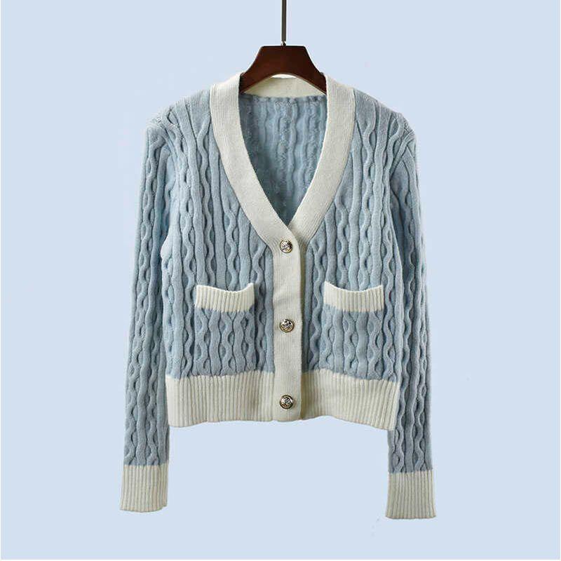Cable-Knit Sweater Outwear Women's Preppy Style Short Knitting Cardigan Fall and Winter New Arrival Contrast Color Thick Long Sleeves Tops