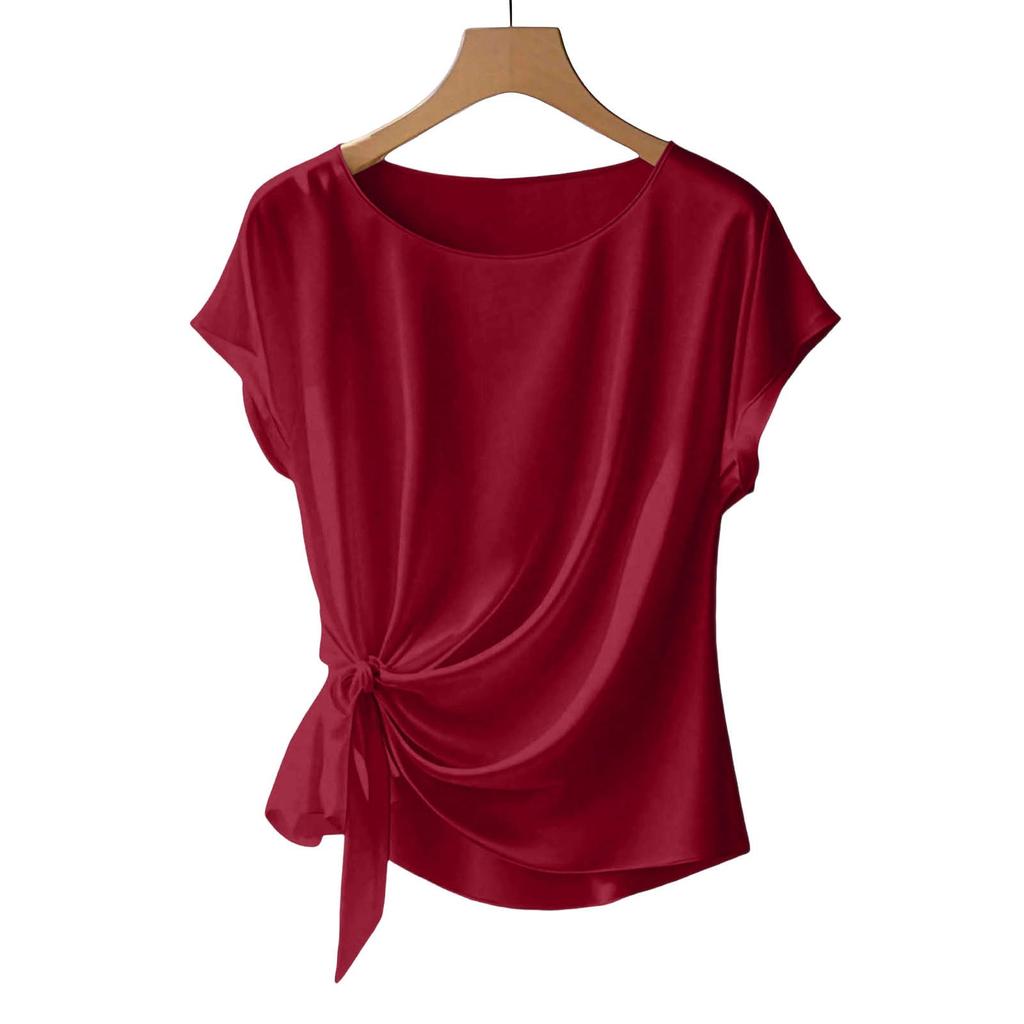 Womens Spring Tops Short Sleeve Side Tie Blouse Summer Shirts for Women Casual Loose Fit Womens Summer Shirts for Daily Wear