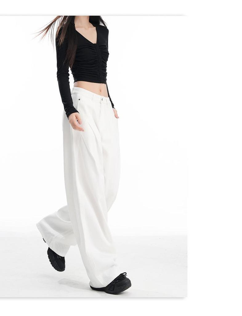 Women's American-Style Wide-Leg White Jeans: Autumn/Winter Pleated Casual Straight Floor-Length Pants
