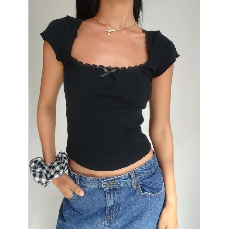 Y2k Vintage Baby Tee Cottage Lace Trim Knitted T-Shirt Letnia koszulka z kwadratowym dekoltem i krótkim rękawem, damska, biała, skrócona koszulka Milkmaid