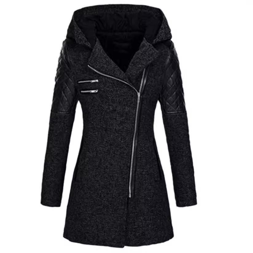Autumn and Winter New Oblique Zipper Hooded Woolen Trench Coat Medium and Long Thickened Warm Jacket Cotton Clothes Women's Coat