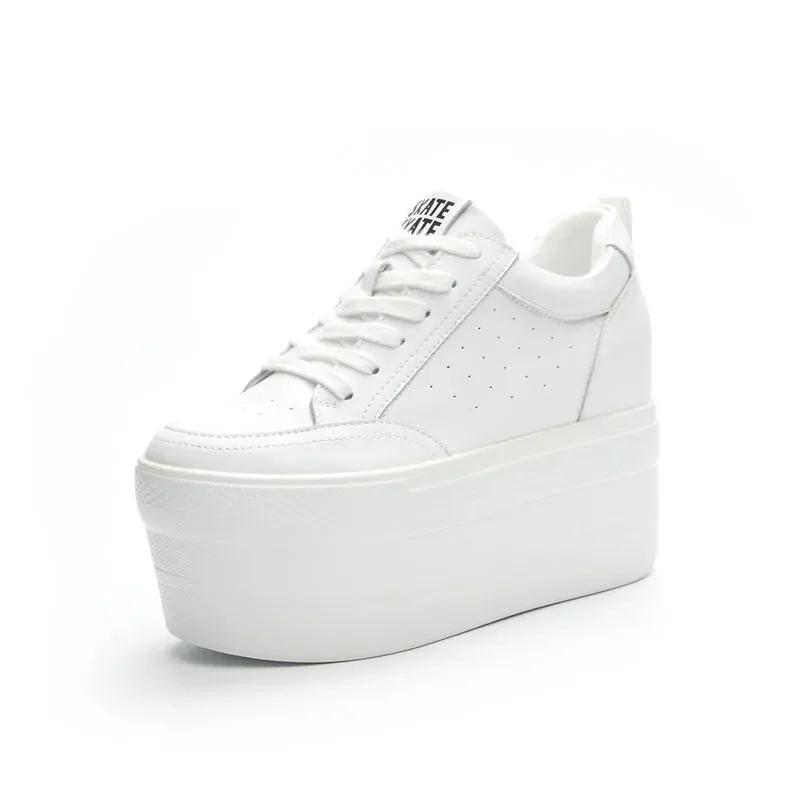 Fashion 11cm Natural Genuine Leather Platform Wedge Casual Chunky Sneakers Women Lace Up Ankle Boots Spring Autumn Moccasins Shoes 33 5174₽