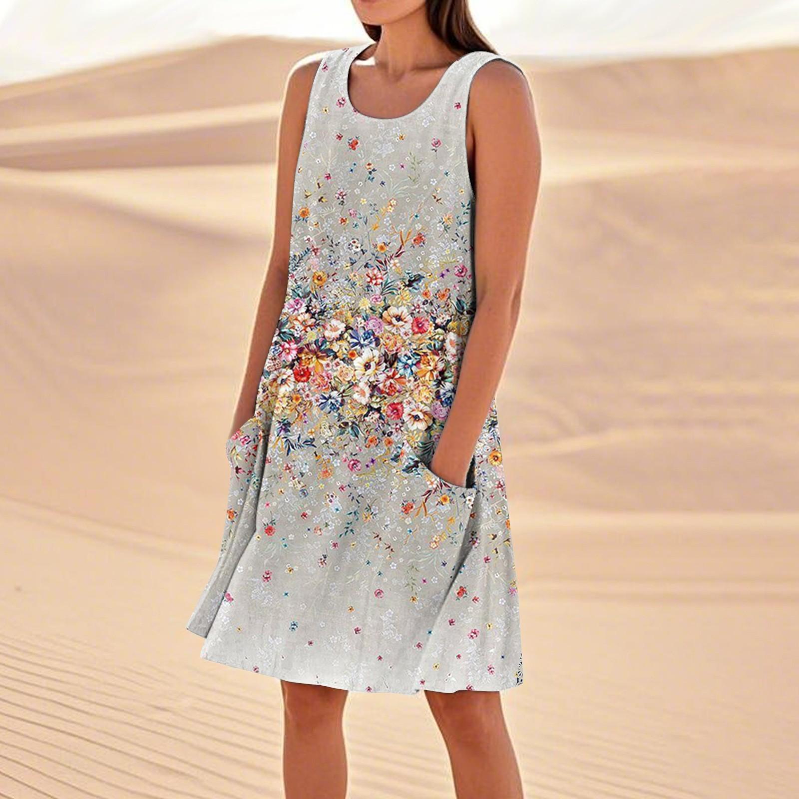 

Летние платья для женщин, свободные пляжные повседневные сарафаны без рукавов с карманами, платье-майка M